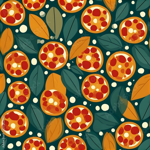 Seamless minimal pizza pattern with leaves and dots on a dark background