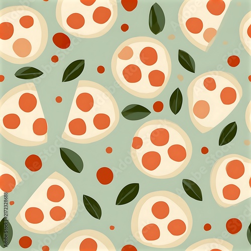 Seamless fabric pizza pattern with slices on a light green background