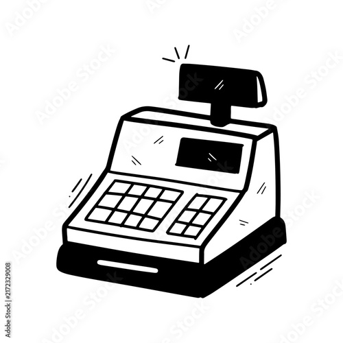 Hand drawn cash register illustration with keypad, display, receipt holder, and drawer, isolated on white for retail, payment, and business concepts.