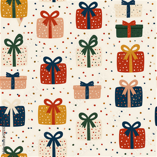 Repeat pattern with bows and presents in bright colors