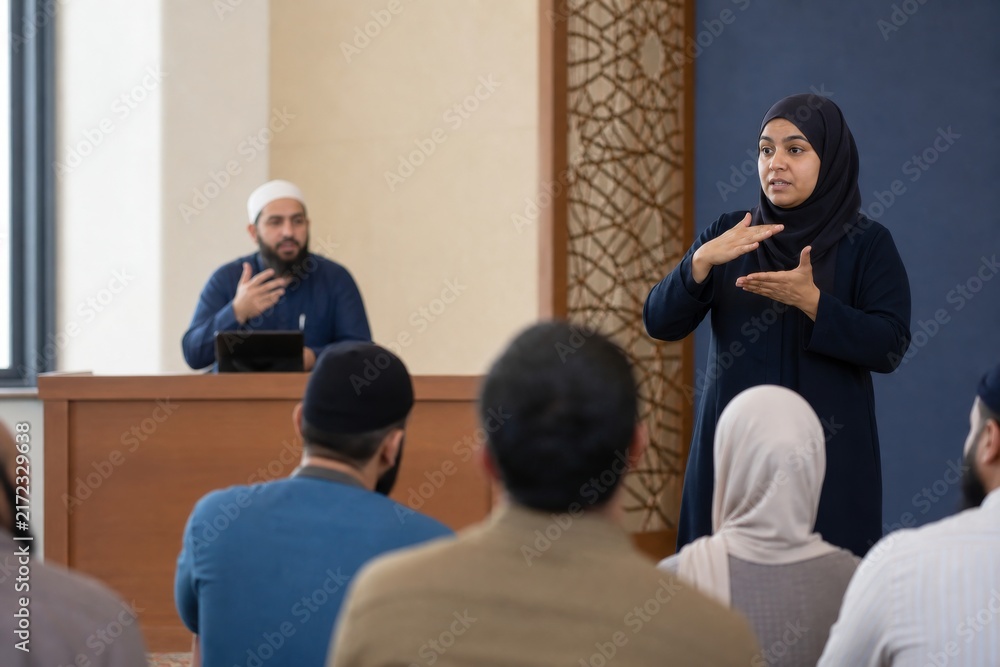 Fototapeta premium Muslim woman presenting sign language to a seated audience in a mosque classroom. Inclusive religious education, community communication, accessibility and cultural understanding concept.