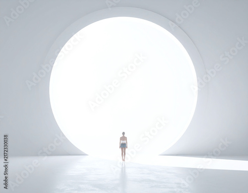 A person standing before a massive circular portal in a minimalist, lightfilled space. This ethereal scene evokes themes of infinite possibilities, spiritual awakening, and future hope. Concept art.