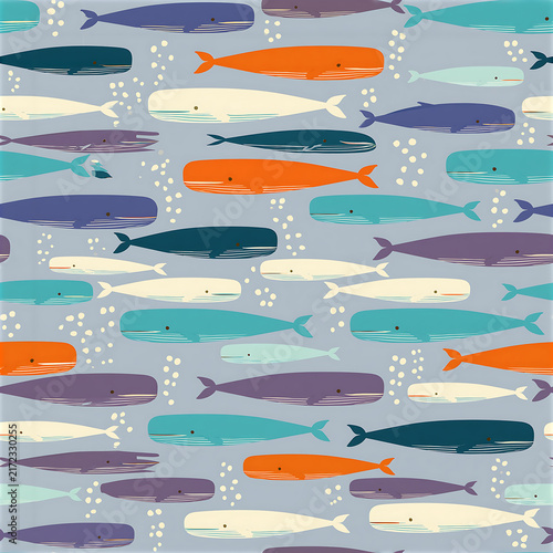 Colorful whale seamless pattern with playful marine life elements