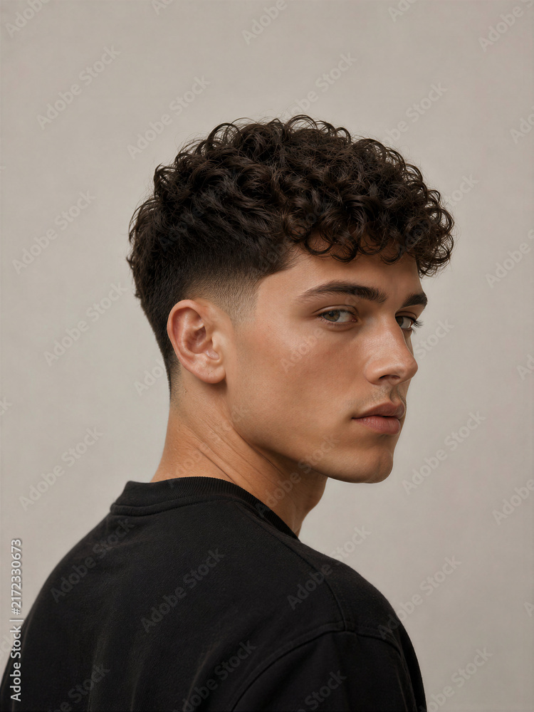 Obraz premium Young man with curly hair looking over his shoulder