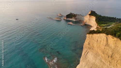 Aerial drone flying over Cape Drastis cliffs on Corfu, Greece