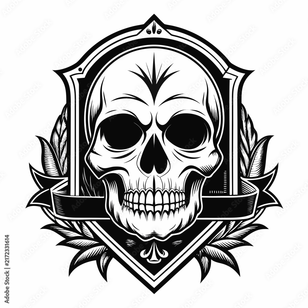 Fototapeta premium Gothic skull emblem within an ornate shield shape on transparent background