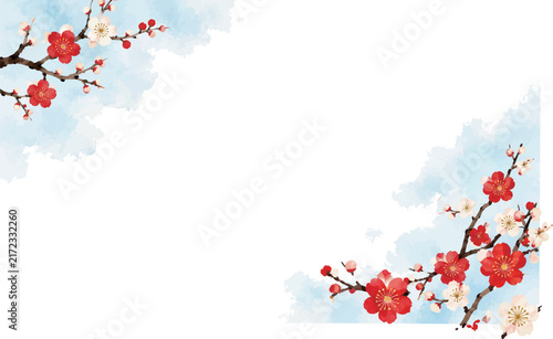 水彩で描いた梅の花と空のフレーム素材　ベクター