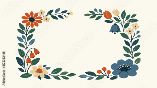 Decorative Floral Frame With Folk Art Style Flowers and Leaves for Elegant Wedding Invitations and Seasonal Greeting Card Designs