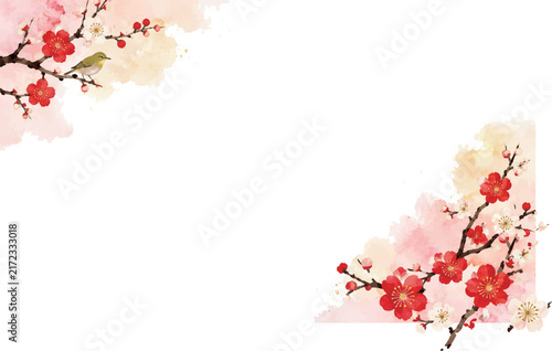 水彩で描いた梅の花の背景素材　ベクター