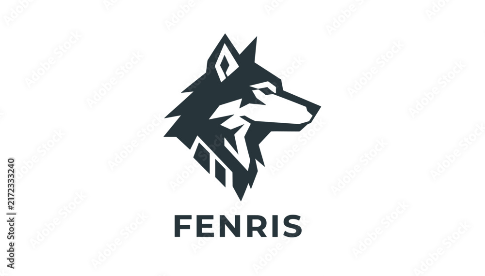 Obraz premium Dark gray stylized geometric wolf head profile logo design with the brand name text fenris underneath.