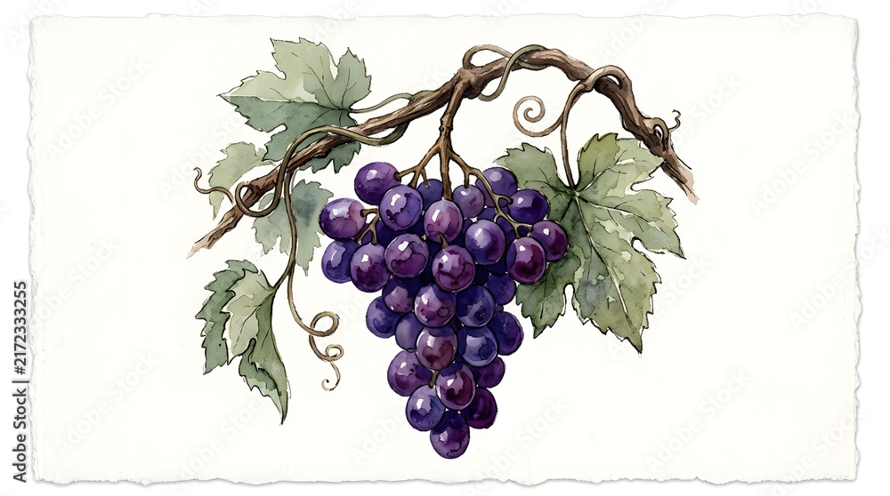 Obraz premium A watercolor illustration of a dark purple grape bunch hanging from a vine with green leaves