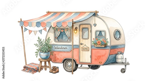 A cute, vintage camper trailer with a striped awning, decorated with potted plants, flags, and a welcoming Home sign. Perfect for travel and cozy adventures