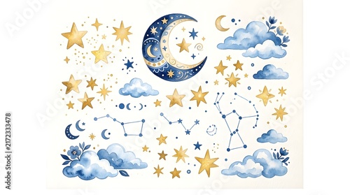 Celestial watercolor illustration featuring a crescent moon, stars, constellations, and fluffy clouds, perfect for children's room decor or whimsical designs