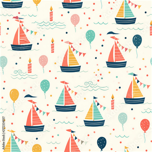 Birthday sailboats seamless pattern with colorful elements in celebration