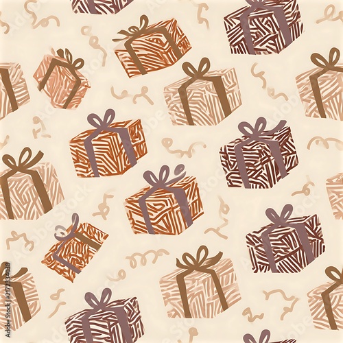 Seamless pattern with cute gift packages in warm colors on light background