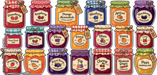 Homemade Fruit Jam and Preserve Jars Icon Collection with Strawberry Blueberry Peach Orange Marmalade and Fig Conserve for Kitchen Graphics
