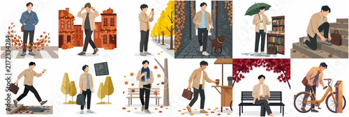 Flat vector illustration set of a stylish young man engaging in various daily urban activities during the autumn season