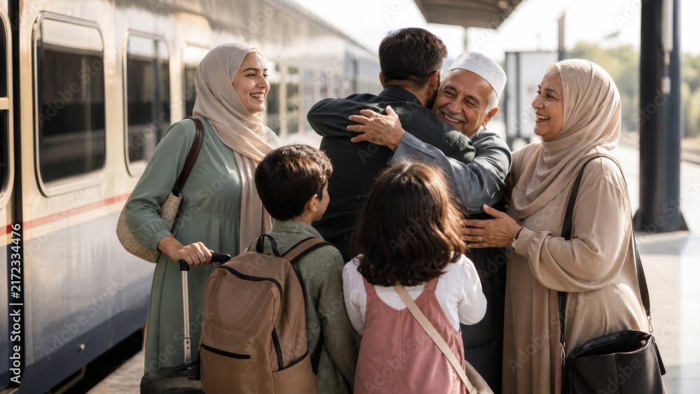 Obraz premium Muslim family joyfully reunites at a train station as an elderly man embraces a younger man, surrounded by women and children with luggage. Family travel and reunion concept.