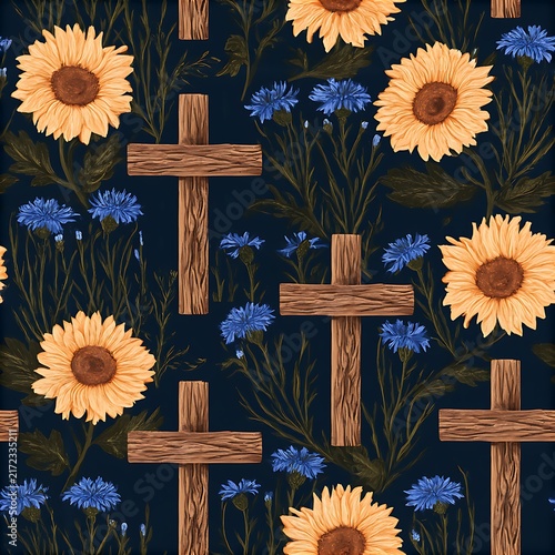 Seamless pattern of simple wooden crosses and wildflowers