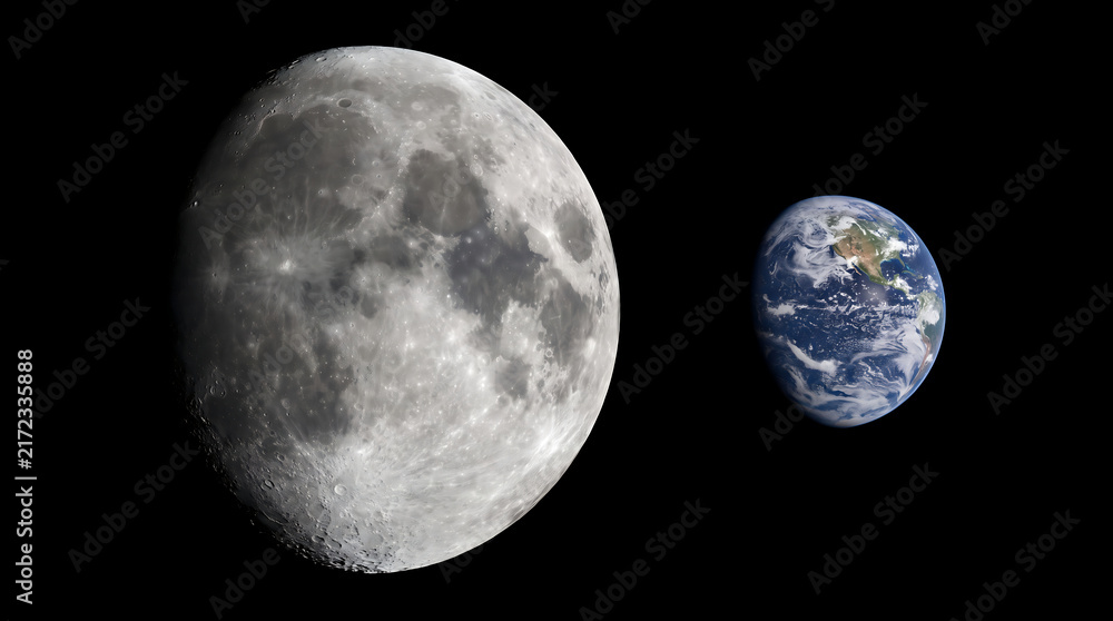 Fototapeta premium The moon and earth floating in deep space against a dark background