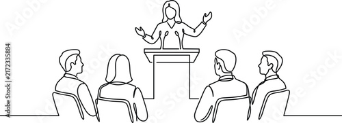 Принти на полотні Vector silhouettes of public speaking with presenter at podium addressing audien