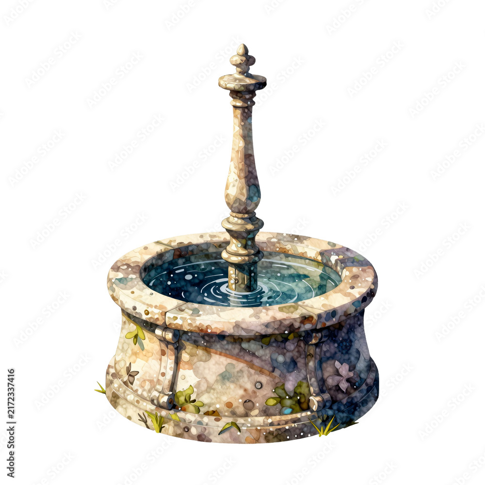 Obraz premium Ornate stone fountain with rippling water and surrounding greenery
