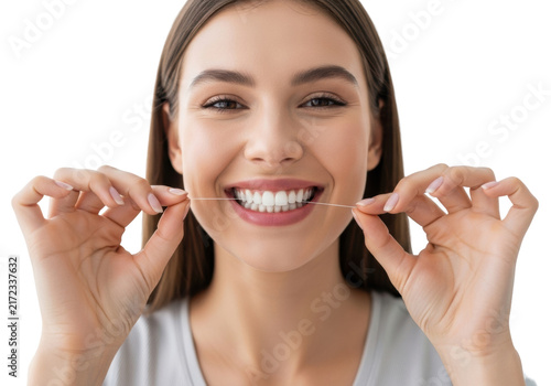 A young woman with a radiant smile flossing her transparent teeth with dental floss on a clean bright white background, concept for dental health advertising
