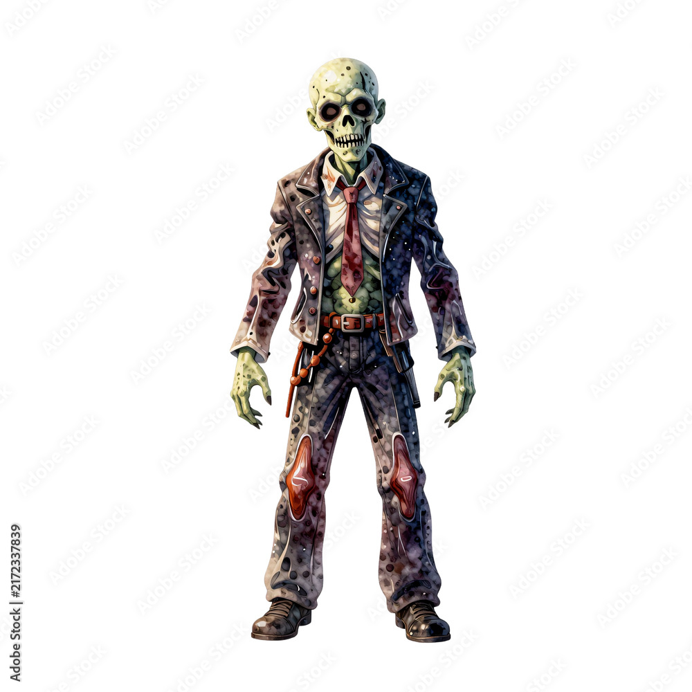 Fototapeta premium A creepy zombie wearing a tattered suit and tie stands on a white background