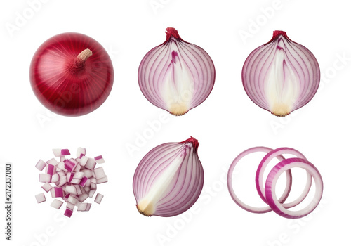 Fresh red onions whole, halved, quartered, diced, and sliced in a flat lay composition isolated on a white background. Concept of healthy food preparation