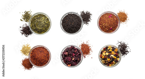 Elegant bowls of assorted vibrant loose leaf teas and herbal infusions on a transparent flat lay background. Concept of wellness and curated selection