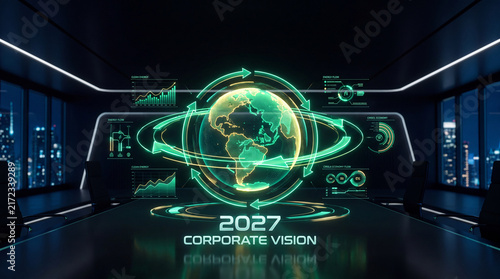 2027 corporate vision outlined in a modern office with digital displays and city view at night