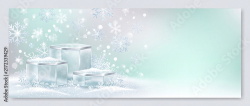 Ice cubes and snowflakes on a light background create a winter scene with a soft focus and light effects in a digital artwork