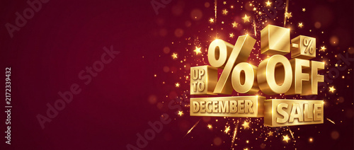 December sale offers up to percent off with gold text and sparkling stars on a red background