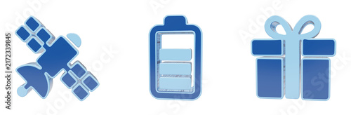 Collection of blue 3d icons showcasing a communication satellite battery charge level and gift box