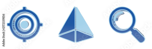 Obraz na płótnie Collection of three dimensional blue icons showing target circle and triangular