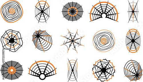 Set of various hand drawn spider web illustrations isolated on a white background for halloween design projects