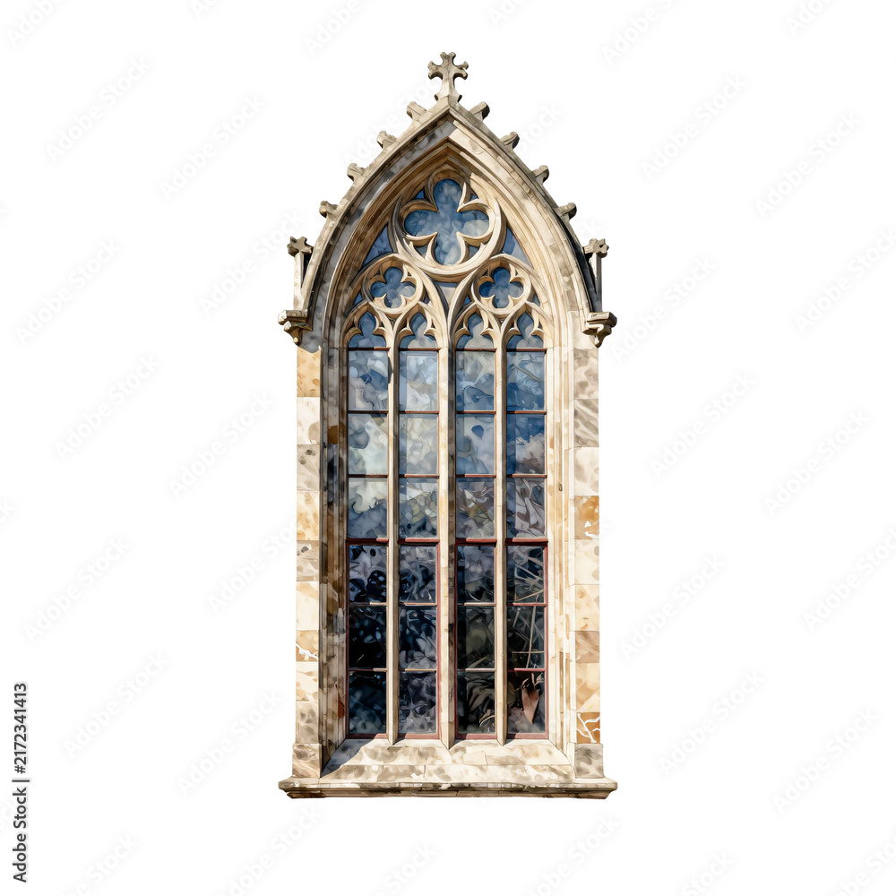 Obraz premium Gothic style arched window with stone tracery and stained glass