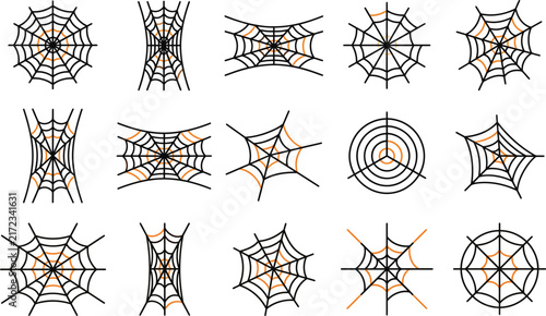 Set of various spider web designs isolated on white background for spooky halloween decoration and graphic elements
