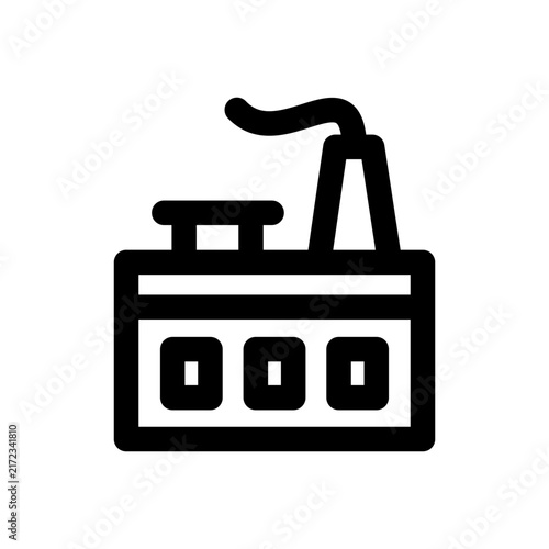 Factory building icon. Editable stroke. Vector illustration. Minimal line icon displaying an industrial factory building structure with emitting smokestacks.