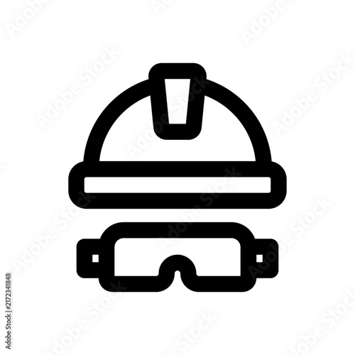 Safety helmet and glass icon. Editable stroke. Vector illustration. Clean line icon featuring a protective hard hat paired with industrial safety eye goggles.