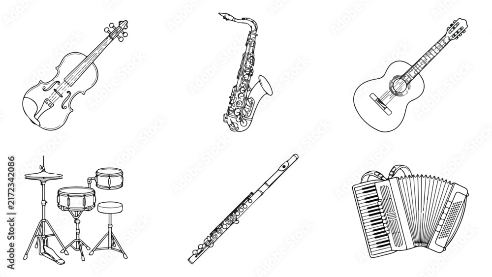 Naklejka premium Hand-drawn musical instruments vector set, black and white sketch of 6 orchestra icons, acoustic music equipment illustrations