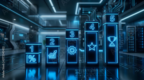 Futuristic display cases showcase glowing awards and trophies in a high tech environment