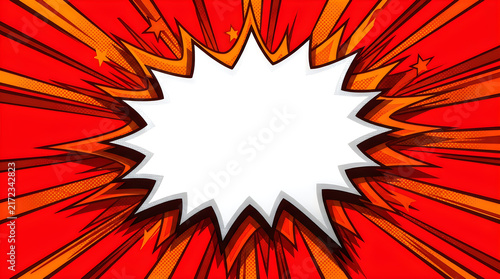 Comic book style explosion background with a white starburst shape and red rays