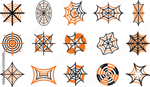 Set of various hand drawn spider web illustrations isolated on a white background for halloween decoration designs