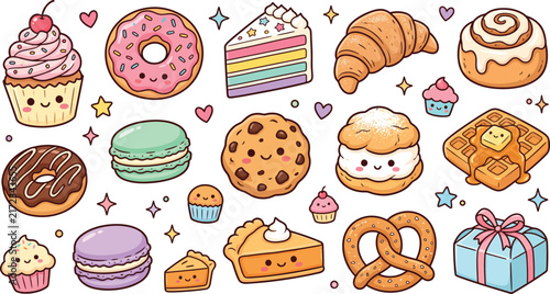 Bakery doodle sticker sheet with cute hand drawn pastry and sweet dessert illustrations.