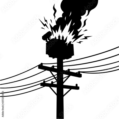 Exploding electrical substation transformer on pole with heavy smoke and fire