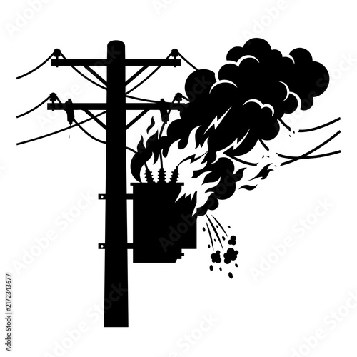 Burning electrical transformer on wooden utility pole billowing black smoke