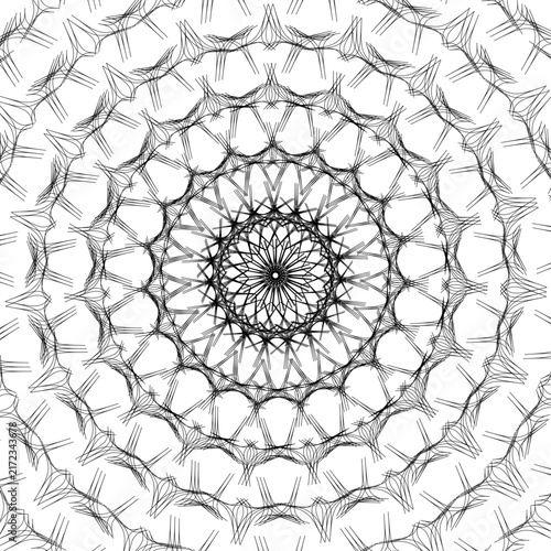 Round mandala pattern motif in vector format. Black and white mandala pattern featuring optical illusion. Geometric mandala used as decorative element.