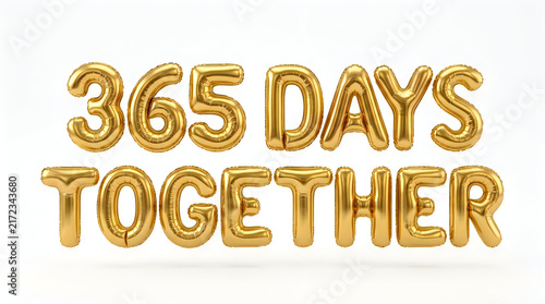 Golden balloon letters spelling 365 days together on a white reflective surface