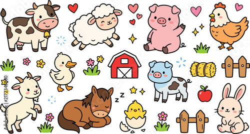 Cute farm animals doodle set with hand drawn livestock characters for kids design projects.